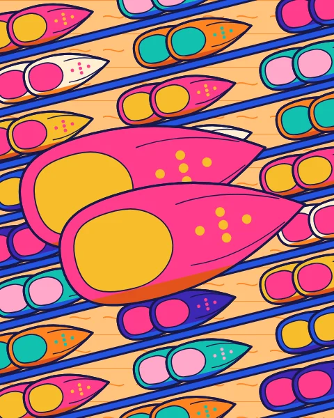 Racks of pointed slippers in every colour run on a slant, with one large pink pair in front.