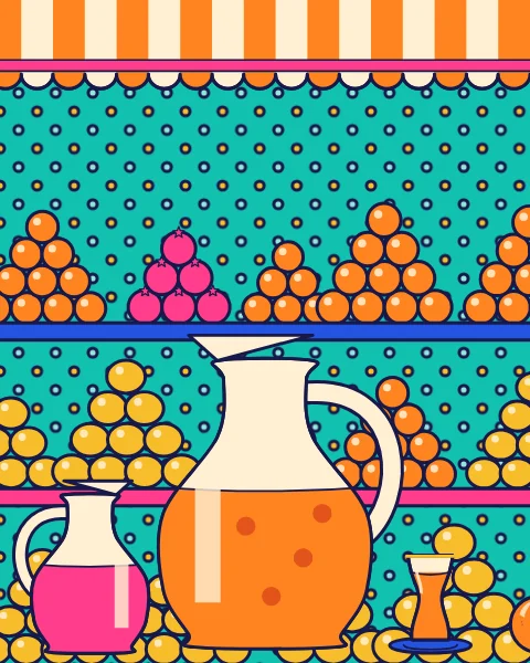 Pyramids of oranges, lemons and pomegranates on tiers, with jugs of juice and a glass at the front.