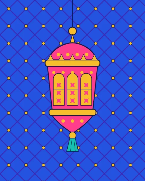 A single pink lantern with lit arched windows hangs against a blue lattice wall.