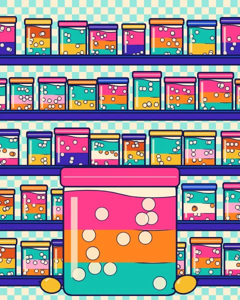Shelves of jars layered with pickles in pink, orange and green, with one large jar and lemons in front.