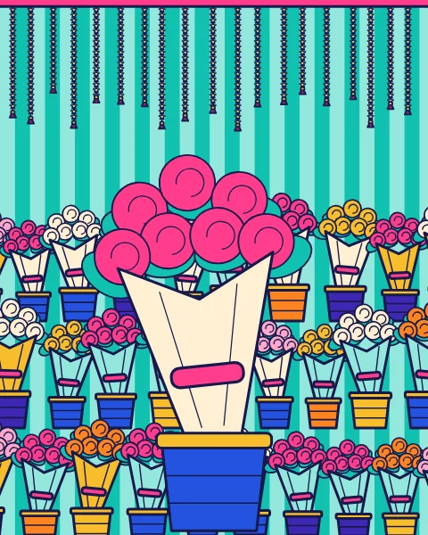 Buckets of rose bunches in rows under hanging jasmine strings, with one large bunch at the front.