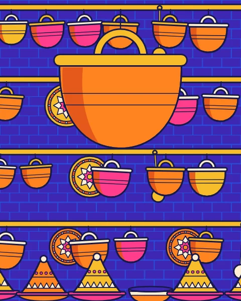 Copper pots, ladles and trays hanging from beams in rows, with a large pot at the top.