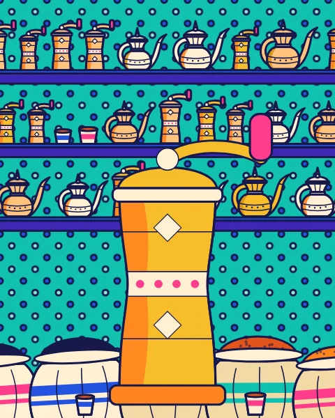 A tall brass coffee mill in front of shelves of coffee pots, cups and mills, with sacks of beans below.