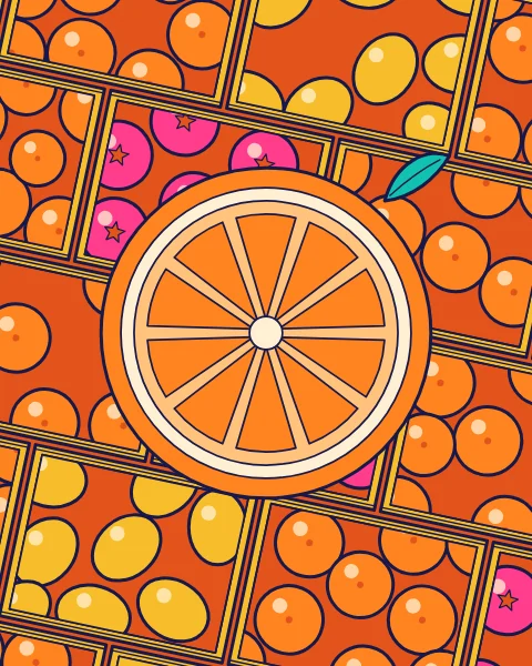 Crates of oranges, lemons and pomegranates seen from above, with a halved orange in the middle.