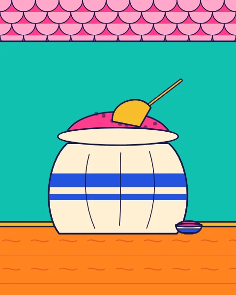 One sack of pink ground spice with a brass scoop, beside a small bowl, on a turquoise wall.