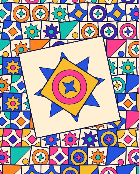 Stacks of glazed tiles with stars, circles and triangles, with one large star tile in front.