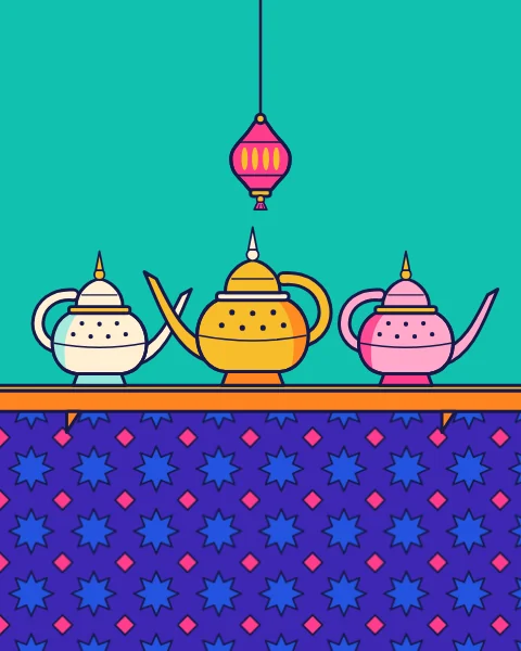 Three teapots on a gold shelf against a turquoise wall, with a small lantern above.