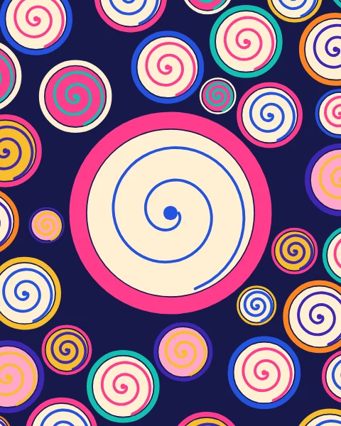 The spiral ends of rolled rugs packed together, with one large roll at the centre.