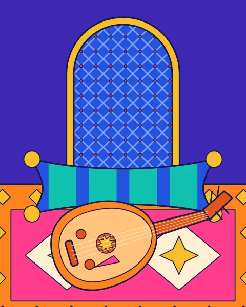 An oud lying on a carpet in front of a long cushion, under a latticed window.