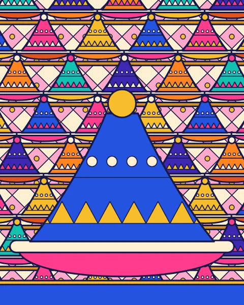 Tagines with cone-shaped lids stacked in rows, with one large tagine in front.