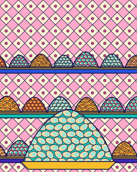 Mounds of pistachios, almonds, cashews and hazelnuts on tiered shelves, with one large mound of pistachios in front.