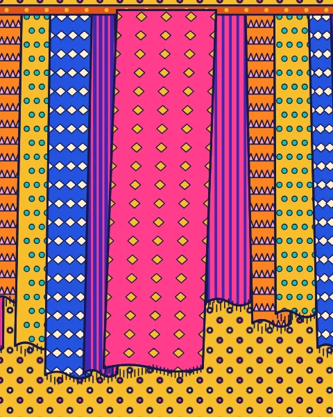 Lengths of striped, dotted and chevron cloth hang from rails, with one long pink length in front.