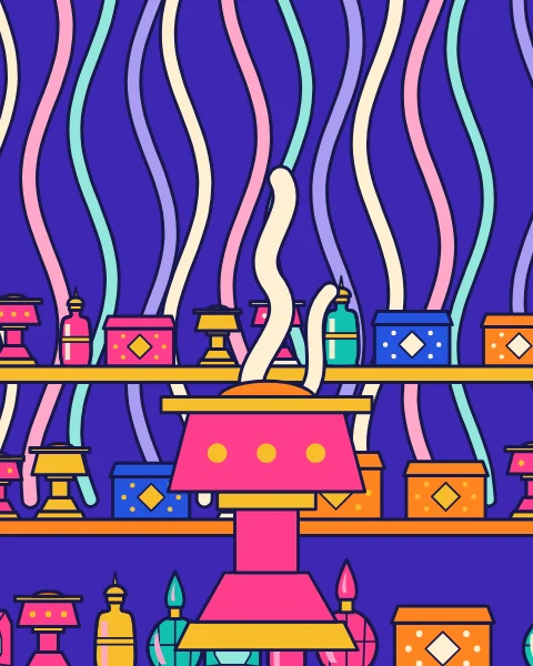 Incense burners, inlaid boxes and perfume bottles on shelves, with smoke curling up from a large pink burner.