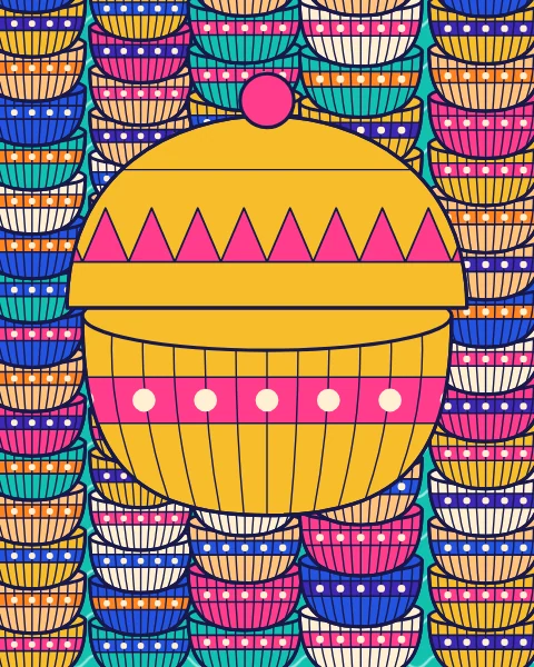 Towers of nested woven baskets, with one large lidded basket in front.