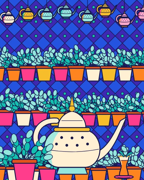 Rows of potted mint under hanging teapots, with a large teapot, a pot of mint and a tea glass at the front.