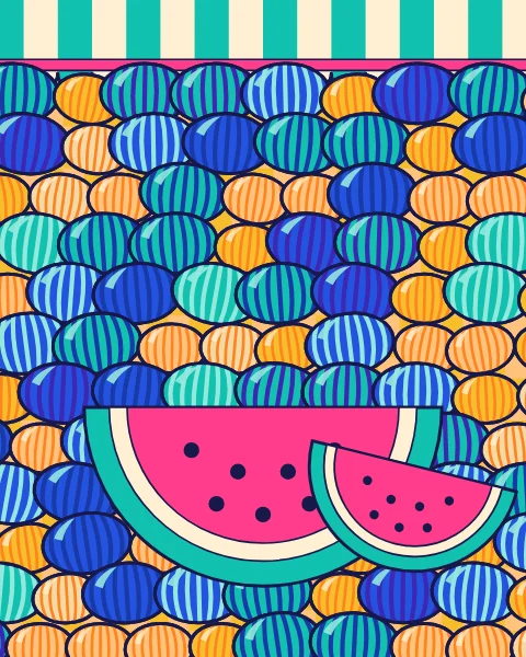 A heap of watermelons and melons under a striped awning, with two slices of watermelon on top.