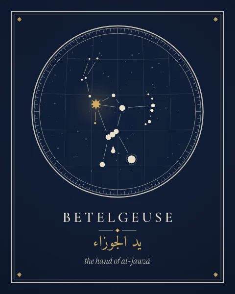 Betelgeuse marked in gold among the stars of Orion, drawn inside an astrolabe ring of degree marks on a deep blue ground, with its modern and Arabic names below.