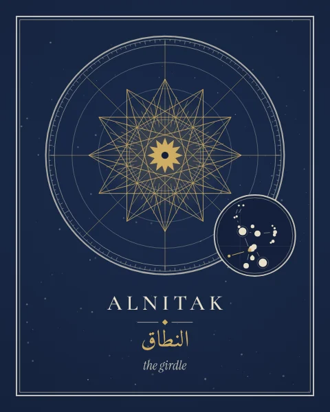 Alnitak drawn as a large gold star within a twelve-pointed interlaced star, with a small finder chart of Orion and the star's modern and Arabic names.