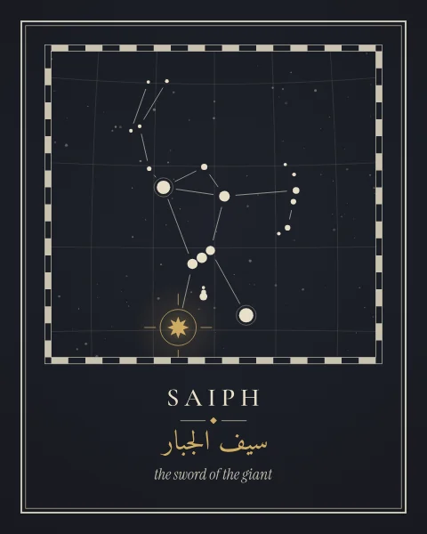 An engraved star-atlas plate of Orion on an ink-dark ground, with a fine coordinate grid, a chequered border and Saiph picked out in gold.