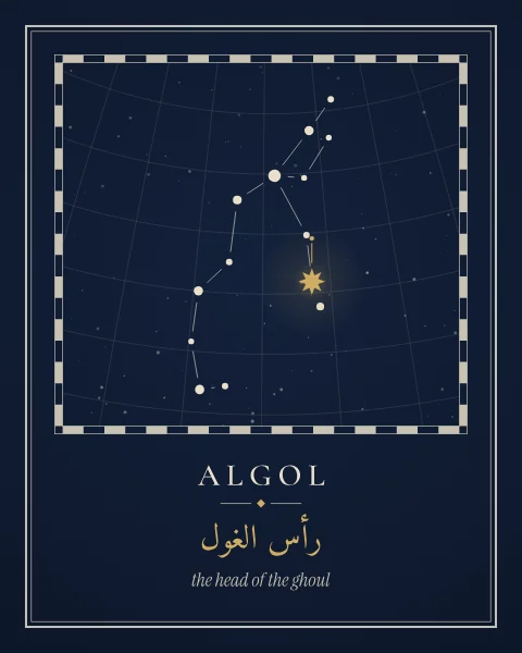 An engraved star-atlas plate of Perseus on a deep blue ground, with a fine coordinate grid, a chequered border and Algol picked out in gold.