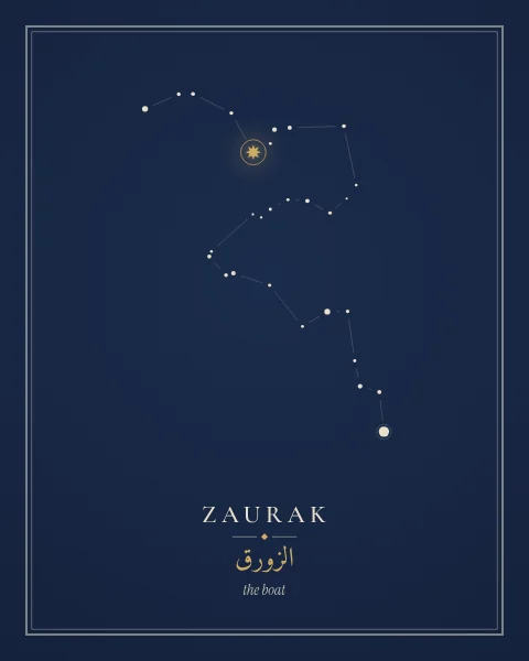 A quiet night-blue print: the stars of Eridanus in fine dots and hairlines, Zaurak a single gold point, and its names set small beneath.