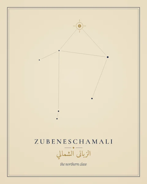 A quiet parchment print: the stars of Libra in fine dots and hairlines, Zubeneschamali a single gold point, and its names set small beneath.