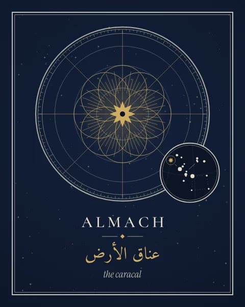 Almach drawn as a large gold star within a rosette of eight overlapping circles, with a small finder chart of Andromeda and the star's modern and Arabic names.