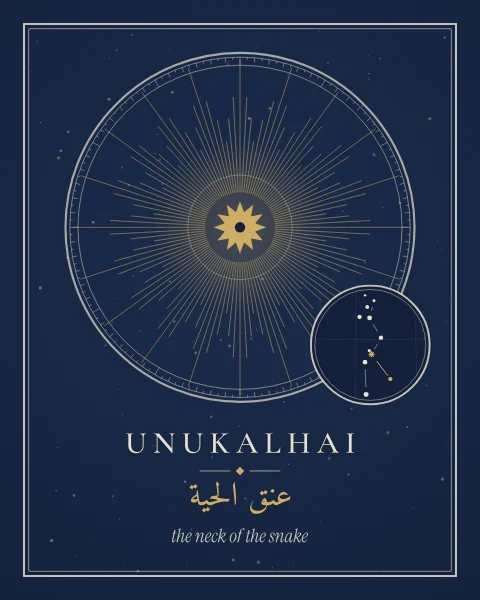 Unukalhai drawn as a large gold star within a sunburst of fine rays, with a small finder chart of Serpens and the star's modern and Arabic names.