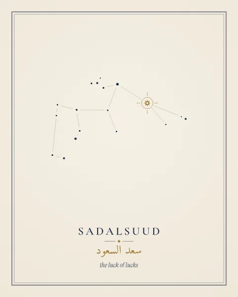 A quiet pale bone print: the stars of Aquarius in fine dots and hairlines, Sadalsuud a single gold point, and its names set small beneath.