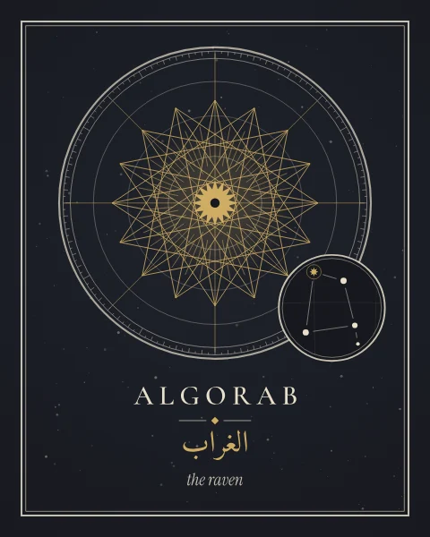 Algorab drawn as a large gold star within a sixteen-pointed interlaced star, with a small finder chart of Corvus and the star's modern and Arabic names.