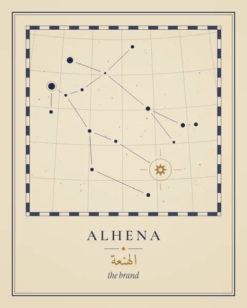 An engraved star-atlas plate of Gemini on a parchment ground, with a fine coordinate grid, a chequered border and Alhena picked out in gold.