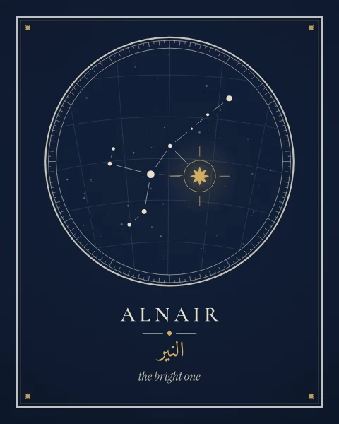 Alnair marked in gold among the stars of Grus, drawn inside an astrolabe ring of degree marks on a deep blue ground, with its modern and Arabic names below.