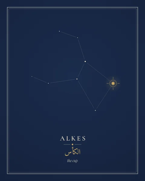 A quiet night-blue print: the stars of Crater in fine dots and hairlines, Alkes a single gold point, and its names set small beneath.