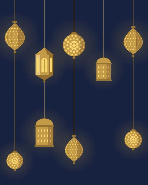 Pierced brass lanterns of different shapes hang at staggered heights against a deep indigo night.