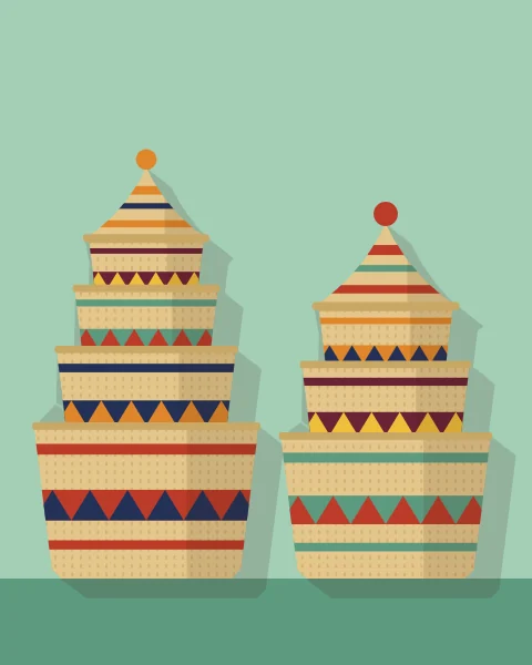 Woven baskets nested one inside another and capped with conical lids, banded in red, indigo and saffron.