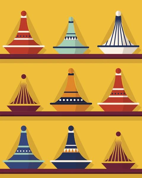 Painted ceramic tagines with tall conical lids, lined up on shelves against a turmeric-yellow wall.