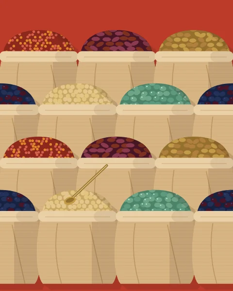 Burlap sacks with rolled rims, heaped with olives, dates, almonds, chickpeas and lentils, rising in rows.