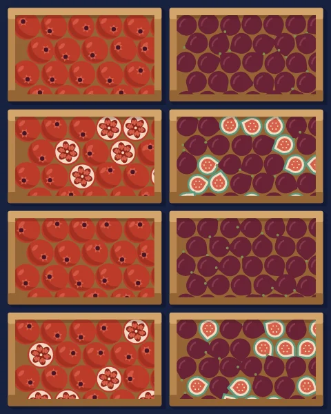Wooden crates of pomegranates and figs seen from above, some fruit split open to show the seeds and flesh.