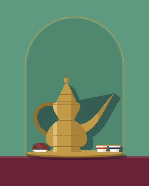 A brass dallah with its long beaked spout stands on a tray with small handleless cups and a dish of dates, framed by an arched niche.