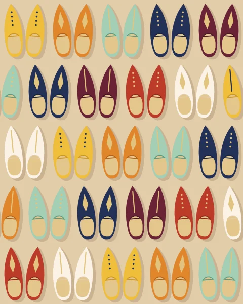 Rows of leather slippers with pointed toes, set out in pairs of saffron, red, indigo, mint and cream.