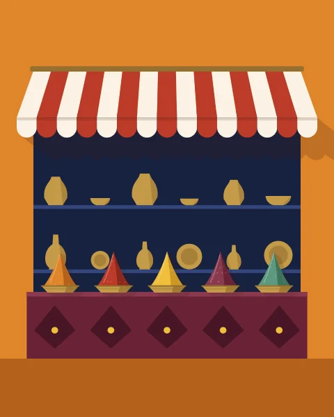 A red and white striped awning shades a stall of brass vessels, with cones of spice lined up along the counter.