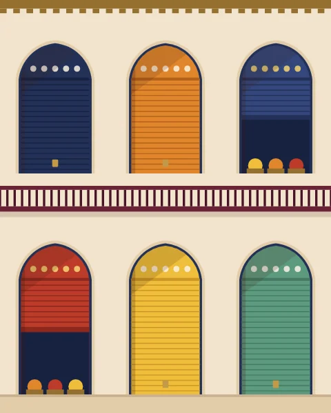 A plastered market building with rows of arched shopfronts, most closed behind painted shutters and a few open for trade.
