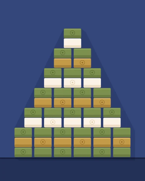 Bars of olive oil soap stacked into a stepped pyramid with gaps between them, in green, gold and cream.