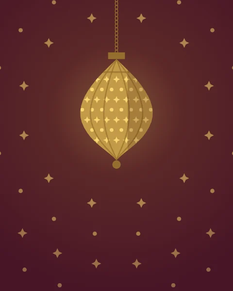 One pierced brass lantern hangs on a chain, scattering small stars of light across a deep red wall.