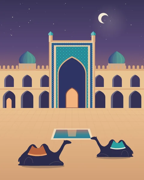 A walled caravanserai courtyard at dusk, its two storeys of arched rooms facing a tiled gateway, with camels resting by a pool.