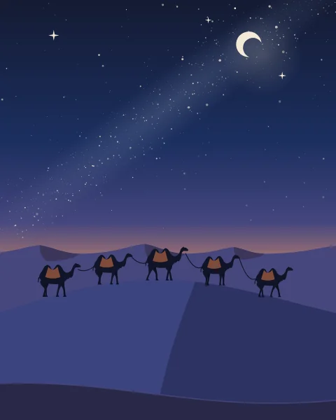 A line of Bactrian camels walking a dune crest beneath the Milky Way and a new crescent moon.