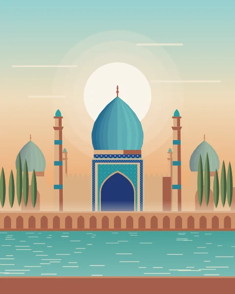 A city skyline at sunrise: ribbed turquoise domes, tiled gateways and minarets above a line of poplars.