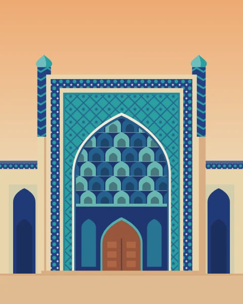 A tall madrasa gateway framed in lapis and turquoise tiles, its deep arch stepped with honeycomb niches.