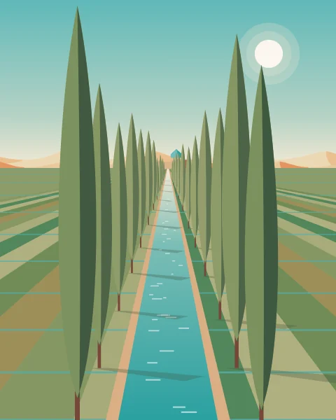 An irrigation channel runs straight towards a small domed village, lined with tall poplars and green fields, with dunes on the horizon.