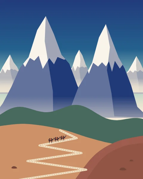 A switchback track climbs towards a saddle beneath snow peaks, with a small caravan halfway up.